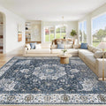 Area Rug 9x12 Washable Rug, Vintage Boho Medallion Rugs Non-Slip Soft Low Pile Large Distressed Rug Indoor Retro Carpet for Living Room Bedroom Dining Room Home Office (Vintage Blue, 9'x12')