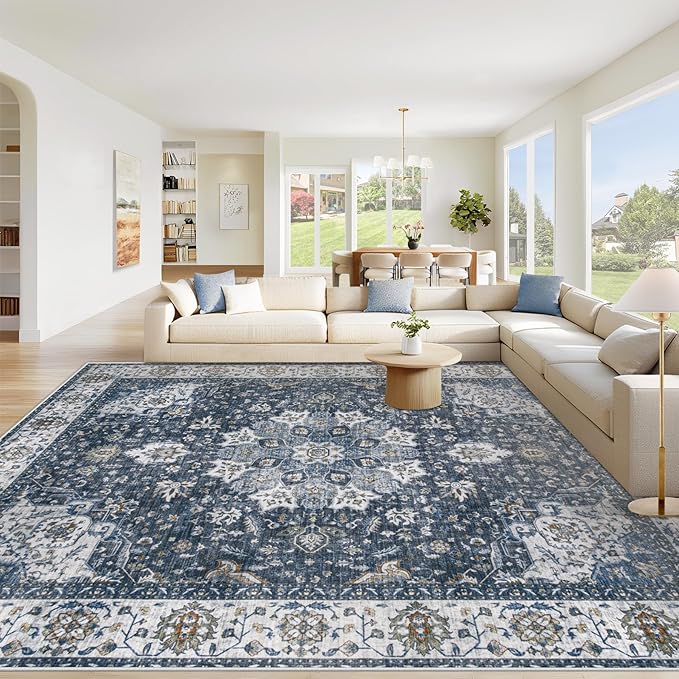 Area Rug 9x12 Washable Rug, Vintage Boho Medallion Rugs Non-Slip Soft Low Pile Large Distressed Rug Indoor Retro Carpet for Living Room Bedroom Dining Room Home Office (Vintage Blue, 9'x12')
