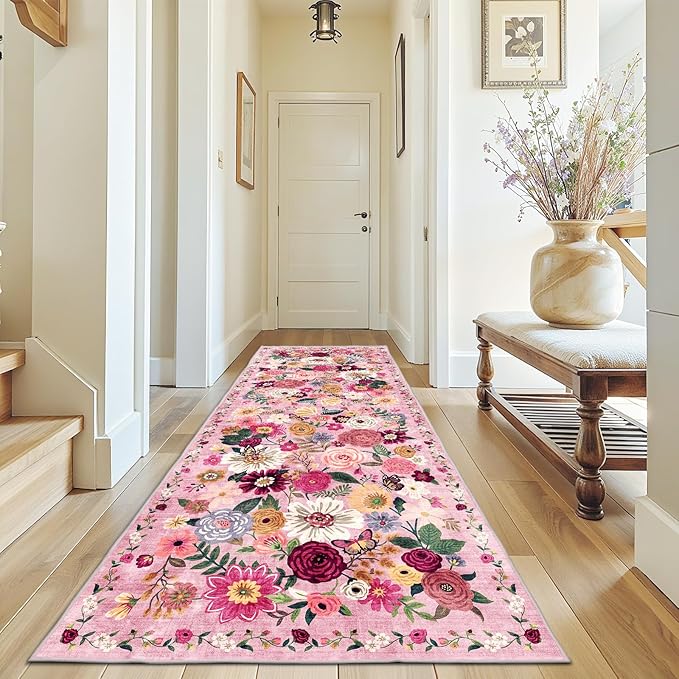 Rug for Hallways Kitchen Rug 3x7, Non Slip Washable Rugs with Rubber Backing Soft Floral Carpet Runner for Hallways, Kitchen, Laundry, Bedroom, Bathroom(3 x 7, Pink Garden)