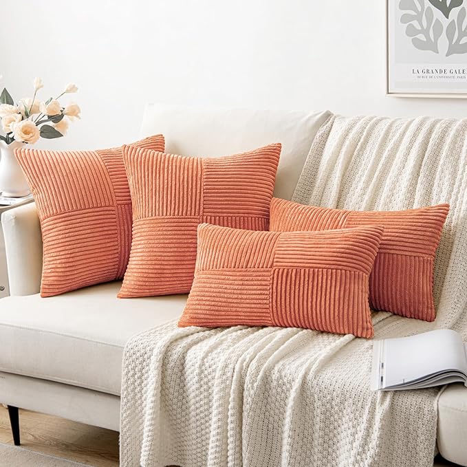 MIULEE Coral Red Decorative Throw Pillow Covers 20x20 Inch for Couch Bed Sofa Pack of 2 Boho Farmhouse Throw Pillows Soft Cross Corduroy Patchwork Textured Cushion Cases