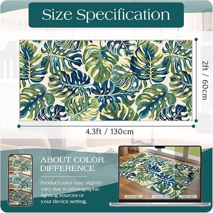 Front Door Mat Indoor Entrance - 2x4.3 Ft Spring Washable Layered Doormat Outdoor Entrance Porch Rug Non-Slip Botanical Green Blue Leaf Runner Rug for Kitchen Bedroom Laundry Room Porch Decor