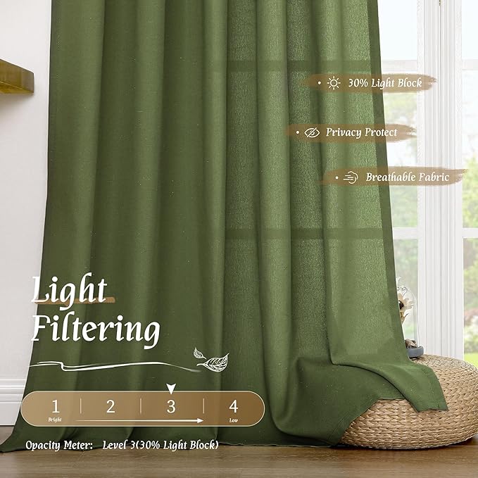 LAMIT Linen Curtains 45 Inch Length 2 Panels Set for Bedroom, Light Filtering Semi Sheer Neutral Short Decorative Window Rod Pocket Christmas Decor Drapes for RV/Basement, 42 X 45 Inch, Olive Green