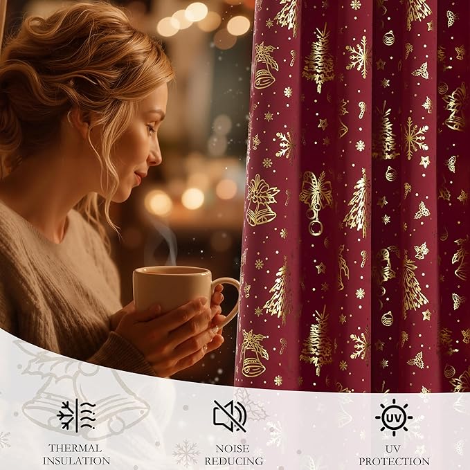 NICETOWN 2 Panels Christmas Red Curtains 52 x 84 Inch, Gold Foil Printed Rod Pocket Drapes, Xmas Theme Window Treatment for Holiday Home Decor, Set of 2 Christmas Style Curtain Panels