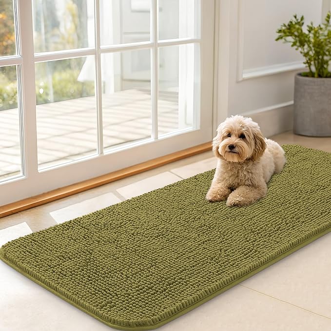 OLANLY Dog Door Mat for Muddy Paws 47x20, Absorbs Moisture and Dirt, Absorbent Non-Slip Washable Doormat, Quick Dry Chenille Mud Mat, Entry Indoor Entryway Carpet for Inside Floor, Willow Green