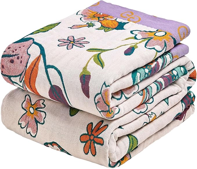 MSGKV Boho Throw Blanket 50"x60" Floral Blanket for Couch Sofa 100% Cotton Spring Breathable Lightweight Farmhouse Blankets All Seasons Home Decor Muslin