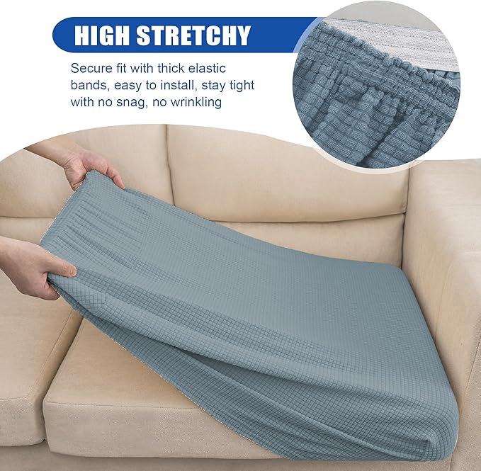 Water Repellent Sofa Seat Slipcovers Stretch Cushion Covers, Seaters Replacement for Furniture Protector, Soft Flexibility with Elastic Bottom (Large, Dusty Blue)