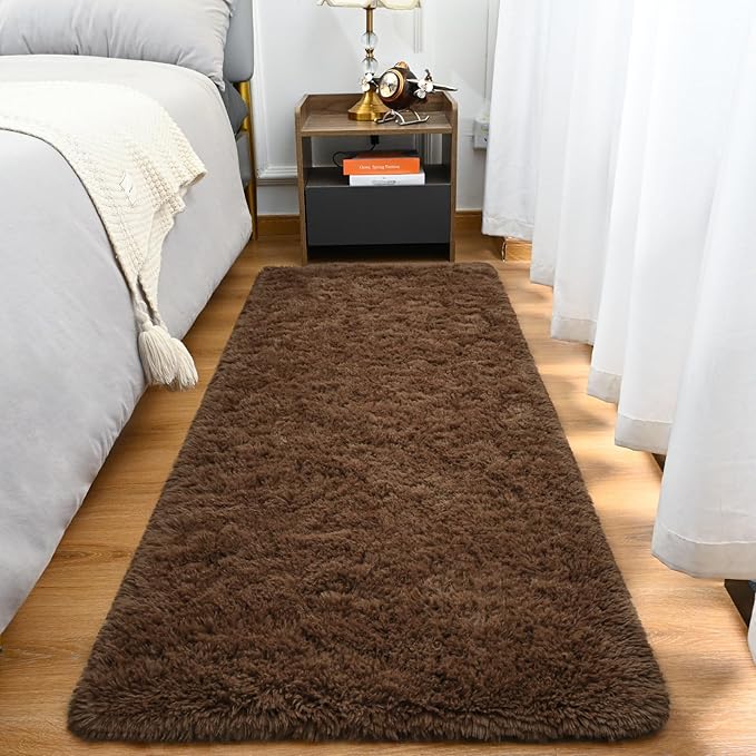 Goideal Fluffy Runner Rug for Bedroom Living Room, 2x6 Brown Bedside Rugs, Faux Fur Shag Modern Carpet Ultra Soft Girls Boys Room Home Decor, Solid
