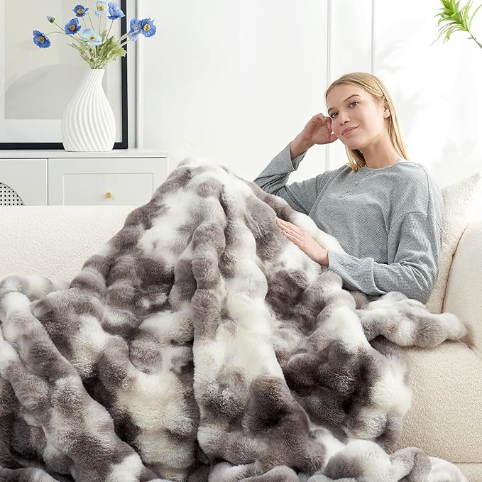 Cozy Bliss Faux Fur Throw Blanket for Couch, Fuzzy Soft Plush Thick Bubble Blanket for Sofa Bedroom Living Room, 50 * 60 Inches Tie-dye Taupe (Pack of 2)