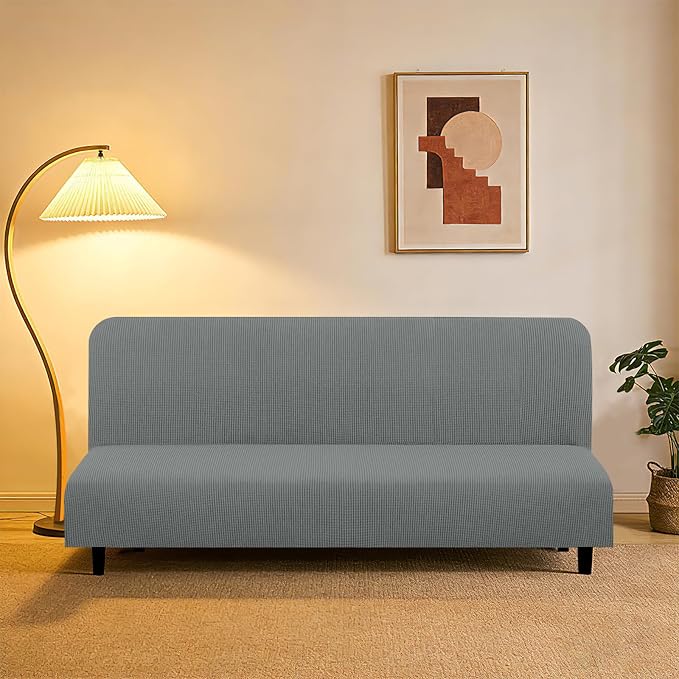 U-NICE HOME Stretch Futon Cover Armless Bed Slipcover - Soft Jacquard Fabric Washable for Pet Friendly, Grey
