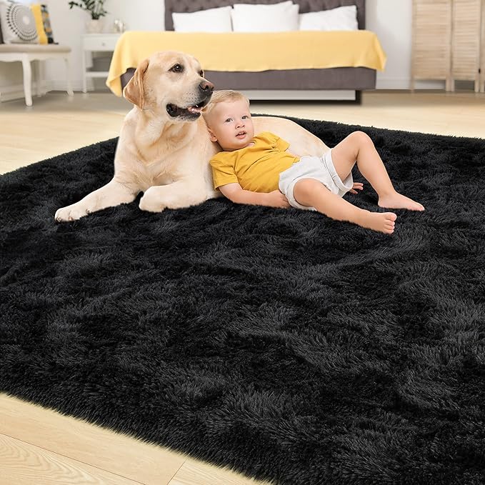 Tepook Super Soft Fluffy Rug for Bedroom, Modern Shaggy Fuzzy Kids Rugs for Living Room, Plush Indoor Nursery Home Decor Dorm Carpet with Non-Slip Bottom, Black, 4 X 6 Feet