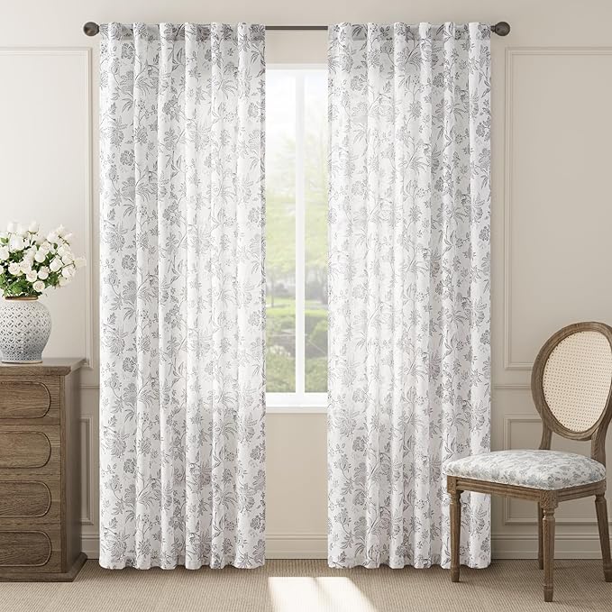 jinchan Linen Floral Curtains for Living Room, 84 Inch Length Curtains with Printed Flower Light Filtering Curtain, Rod Pocket Back Tab Gray Window Curtain Set, 2 Panels Light Grey on White