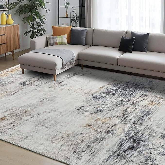 Toneed Abstract Area Rug 8x10 Modern Washable Rug Soft Non Slip Rug Low Pile for Bedroom Living Room Dining Room Grey/Brown