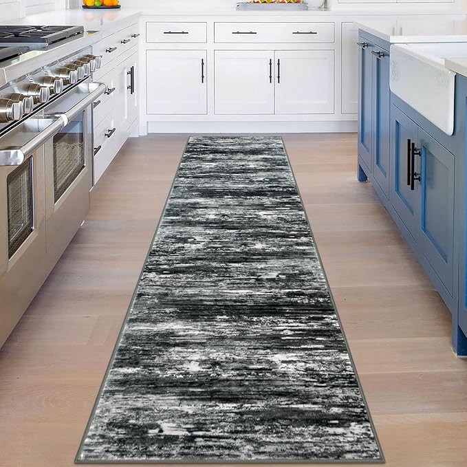 KOZYFLY Modern Abstract Hallway Runner Rug, 2x8 Kitchen Rugs Non-Slip Washable Soft Striped Runner Rugs, Print Black Grey Carpet Runner for Entryway Bathroom Laundry Room Foyer