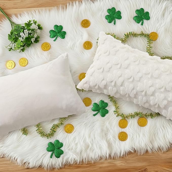 decorUhome St. Patrick’s Day Shamrock Pillow Covers 12x20 Inch Set of 2, Soft Plush Faux Wool Cream White Throw Pillow Covers, Farmhouse Spring Holiday Decor for Sofa Living Room
