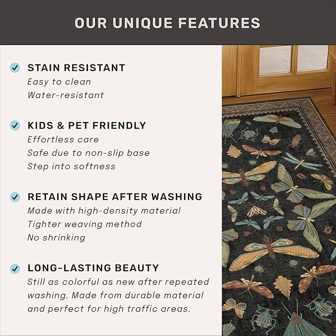 Black Boho 5ft Round Throw Rugs for Living Room - Dark Unique Insect Print Large Entryway Rug, Low Pile & Soft Carpet for Bedroom Beside Bed, Kids Playroom, Non Slip Stain Resistant Home Décor