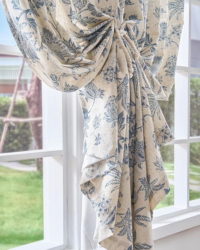 jinchan Lined Linen Floral Curtains for Living Room, 63 Inch Length Printed Flower Farmhouse Patterned French Country Back Tab Blue Window Drapes Set Privacy Bedroom Curtains, 2 Panels