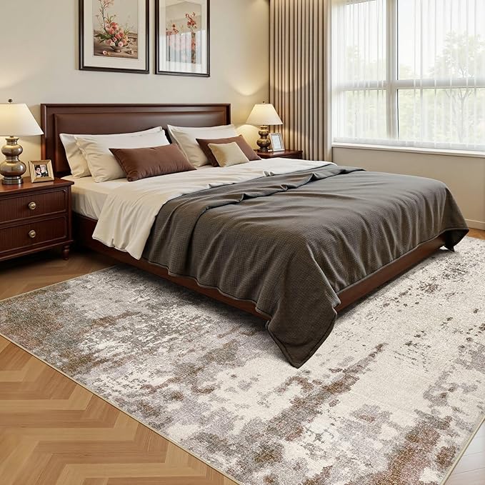 UERMEI 10x12 Area Rug Living Room Rugs - Washable Neutral Modern Abstract Soft Thin Rug Indoor Floor No Slip Rug Carpet for Bedroom Under Dining Table Home Office Decor - Brown/Grey/Beige