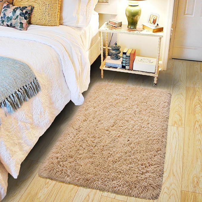 Pionblank Fluffy Small Rug for Bedroom 2x3 Feet, Shag Soft Area Rug, Modern Plush Carpet, Furry Cute Bedside Rug for Kids Girls Boys Room Nursery Decor, Camel
