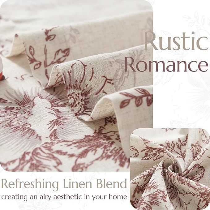 jinchan Linen Blend Curtain Floral Curtains for Living Room 108 Inch Length Farmhouse Brick Red Printed Curtain Rod Pocket Back Tab Peony Flower Patterned Drapes Curtains Set 2 Panels