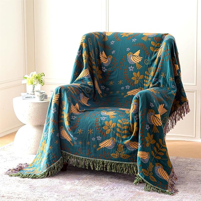 MSGKV Boho Throw Blanket 100% Cotton Blankets for Bed Couch 60''x80'', Spring Breathable Farmhouse Bird Blankets Quilt Muslin Home Decor