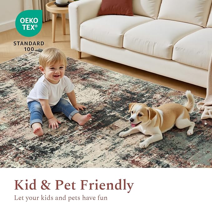 Rugflix 5x7 Area Rugs for Living Room, Washable Large Rug Stain-Resistant Low Pile, Modern Carpet for Dining Room Home Office Kid Room Nursery Bedroom, Rust