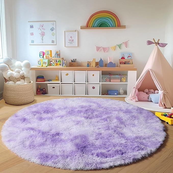 ONASAR Round Rugs 5ft for Bedroom Living Room, Tie-Dyed Purple Fluffy Circle Area Rug for Kids Girls Boys Teen, Soft Plush Shaggy Carpet for Nursery Dorm Classroom Playroom Home Decor Aesthetic