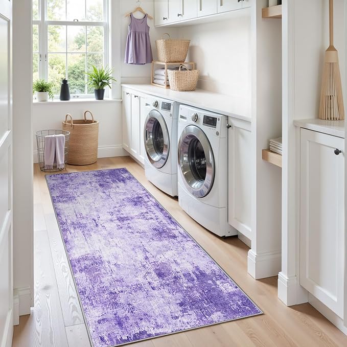 Washable Area Rugs 2'x10' Non-Slip Modern Abstract Soft for Living Room Entryway Bedroom Nursery, Print Pattern, Purple Gray Pink White