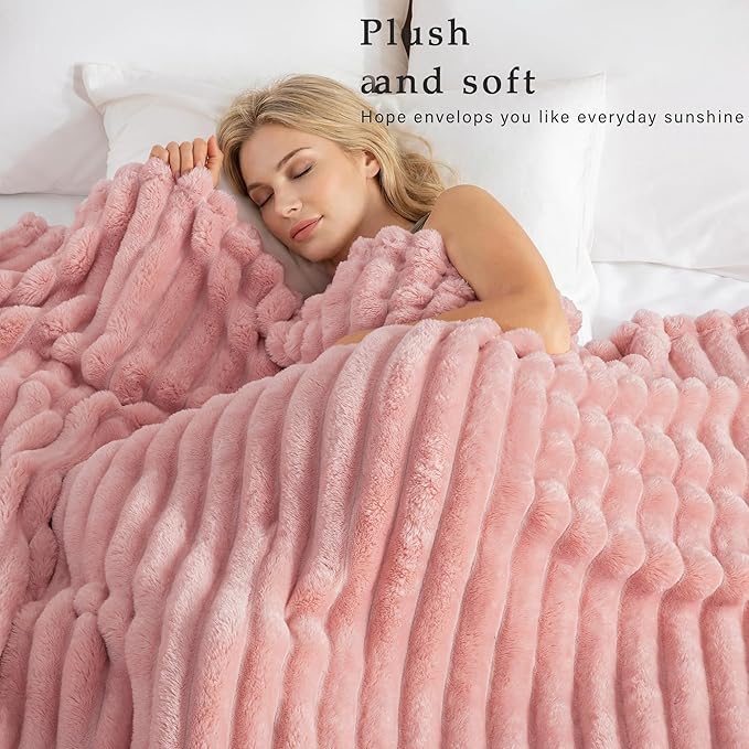 Exclusivo Mezcla King Size Flannel Fleece Blanket, Super Soft Striped Jacquard Bed Blanket, Lightweight Fuzzy Cozy for All Seasons, 90x104 Inches, Pink