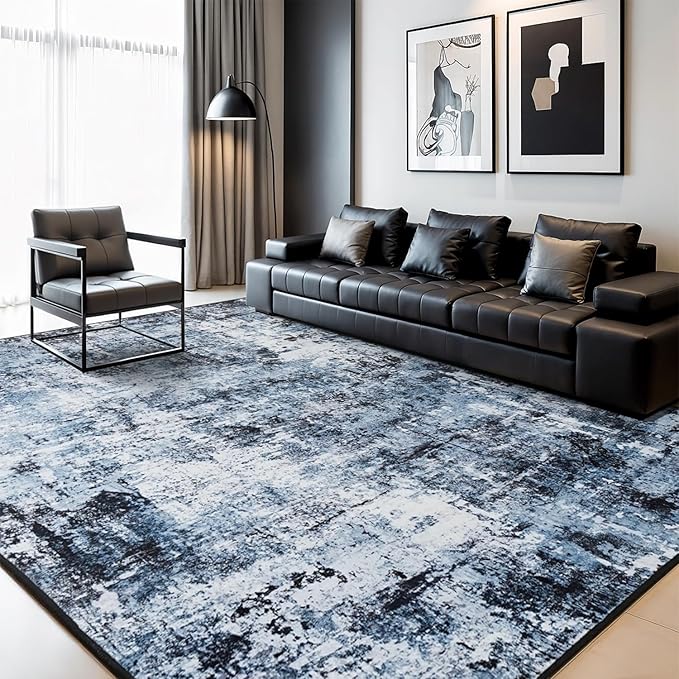 Rugflix 5x7 Area Rugs for Living Room, Washable Large Rug Stain-Resistant Low Pile, Modern Dark Carpet for Dining Room Home Office Kid Room Nursery Bedroom, Navy Blue/Black
