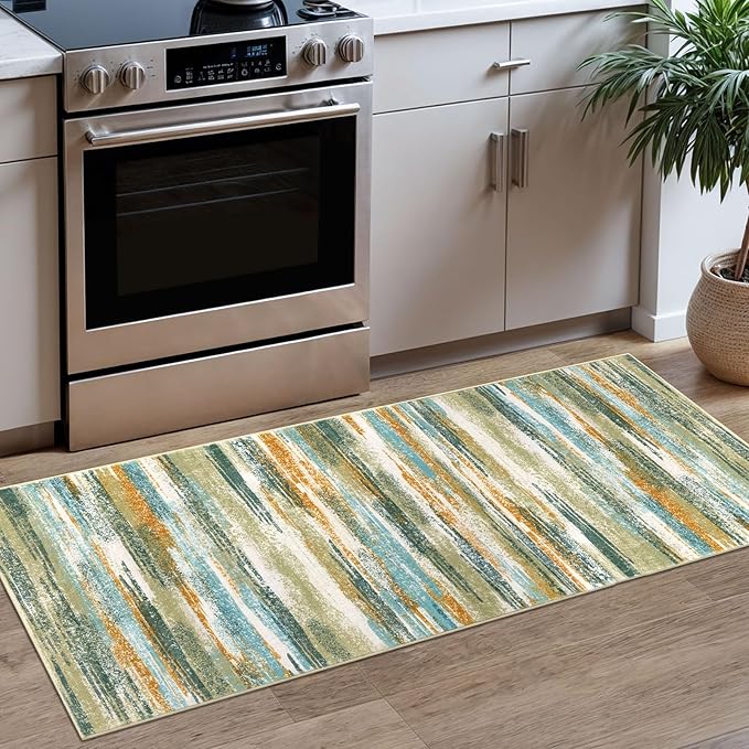 Lansny Modern Abstract Runner Rug 2x5, Green Mustard Multi Washable Entryway Kitchen Runner Non-Slip Soft Hallway Rug Runner Thin Print Faux Wool Carpet for Bedroom Laundry Room Indoor