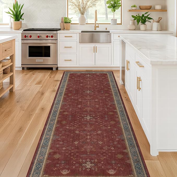 Hazo Haus Non Slip 10ft Long Hallway Runner Rug Burgundy - 2 x 10 Runner Rug, Washable & Waterproof 2x10 Kitchen Floor Mat - Oriental Turkish Dark Red Design Décor