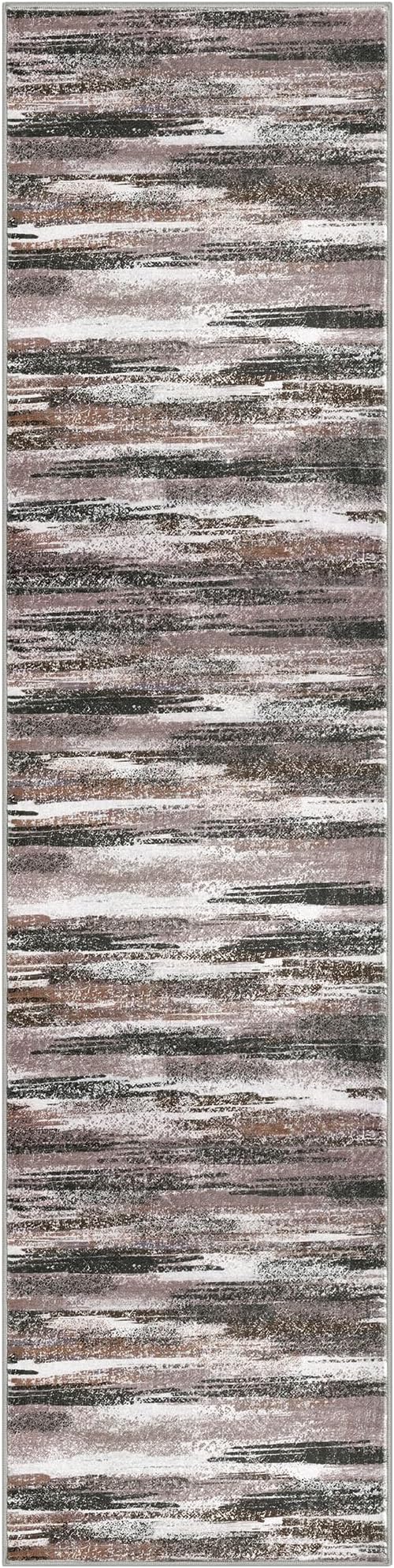 Lansny Modern Abstract Runner Rug 2.6x10, Dark Light Brown White Washable Long Kitchen Runner Non-Slip Soft Hallway Rug Runner Thin Print Faux Wool Carpet for Entryway Bedroom Laundry Room Indoor