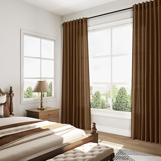 Tobacco Brown Linen Curtains 90 Inch Long for Bedroom Living Room Linen Textured Window Drapes Semi Sheer Light Filtering Rod Pocket Back Tab Cotton Textured Farmhouse Curtain 52x90,2 Panels
