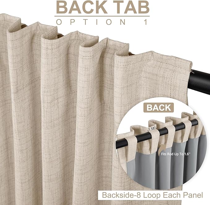 100% Blackout Shield Linen Blackout Curtains for Bedroom 108 Inches Long, Back Tab/Rod Pocket Living Room Drapes, Thermal Insulated Blackout Curtains 2 Panels Set, 50" W x 108" L, Oatmeal