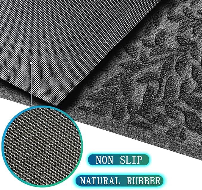 Bulijojo Sturdy Front Entrance Doormats,Durable Heavy Duty Welcome Mat,Thick Absorbent Natural Rubber Non Slip Mat,Easy Clean Entryway Mat Leaves Grey 23"x35"