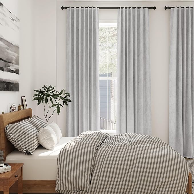Grey Linen Curtains 102 Inches Long 2 Panels Set for Living Room Extra Long Back Tab Curtains Neutral Farmhouse Light Filtering Semi Sheer Linen Drapes Ceiling to Floor for Large Window