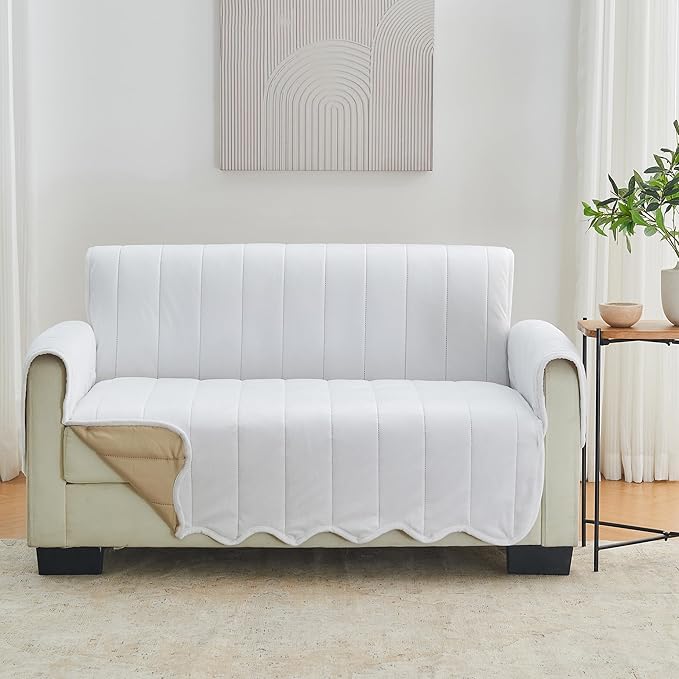Great Bay Home Velvet Loveseat Cover - Washable Slipcover Furniture Protector with Elastic Straps - Furniture Cover for Dogs, Kids, and Pets - Stitched Detail (White)