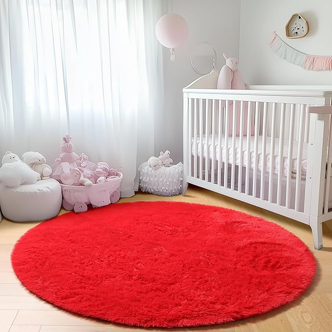 ONASAR Red Round Area Rug 4ft, Soft Bedroom Circle Rugs Floor Mat for Kids Girls Teen Room, Kawaii Fluffy Plush Shaggy Carpet for Nursery Living Room Playroom Christmas Home Decor Princess Castle