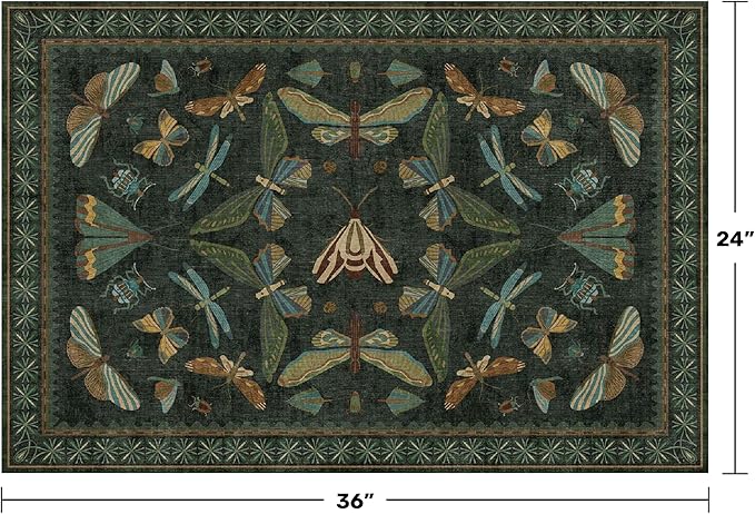 Hazo Haus 2x3 Entry Way Rugs Indoor - Dark Green Small Throw Rug for Kitchen, Bathroom, Insect Boho Design, Washable Non Slip Stain Resistant