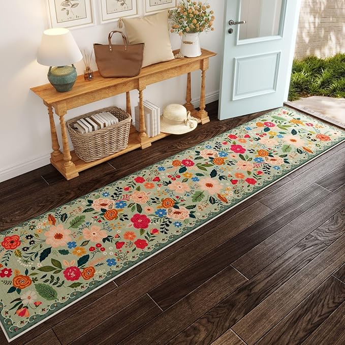 Rugcomf Washable Kitchen Runner 2'7"x12' - Floral Long Hallway Runner Rug Non Slip, Boho Carpet for Entryway, Hall, Bathroom - Green