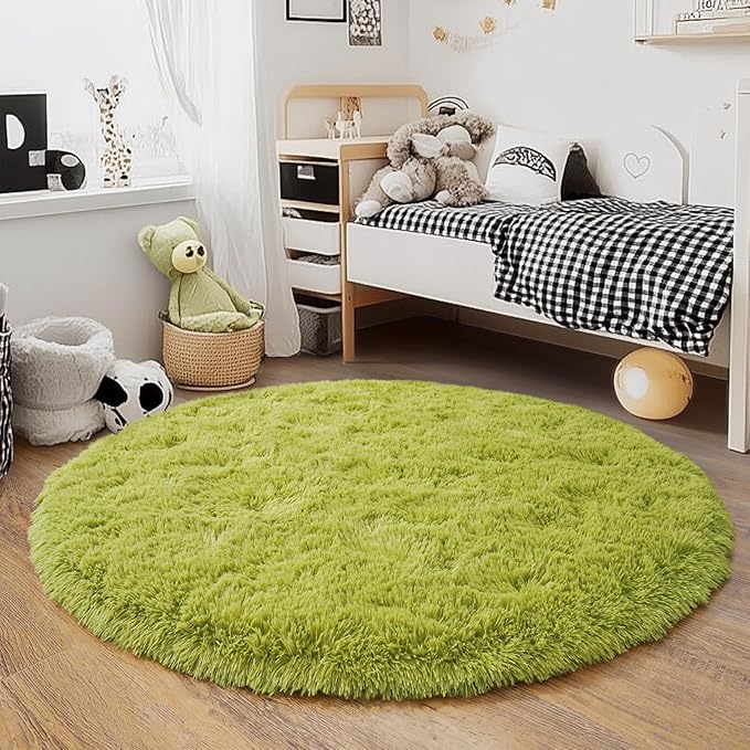 5'x5' Grass Green Round Rug for Bedroom, Ultra Soft Fluffy Circle Rug for Kids Girls Boys Room, Cute Shag Rugs for Living Room Playroom Tent Castle Home Decor Rug
