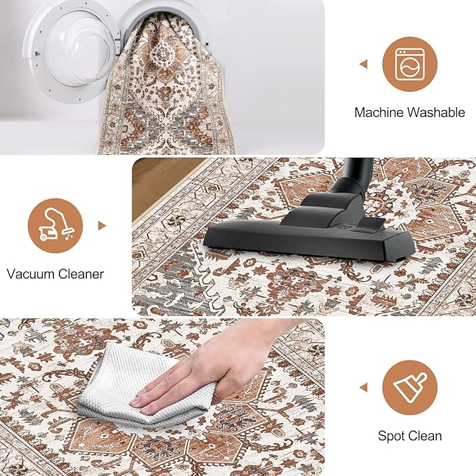 Yamaziot Washable Runner Rug, 2x6 Non-Slip Boho Vintage Hallway Rug Runner with Rubber Backing, Low Pile Faux Wool Distressed Carpet Runner for Bedroom, Kitchen, Laundry, Entrance, Ginger Grey