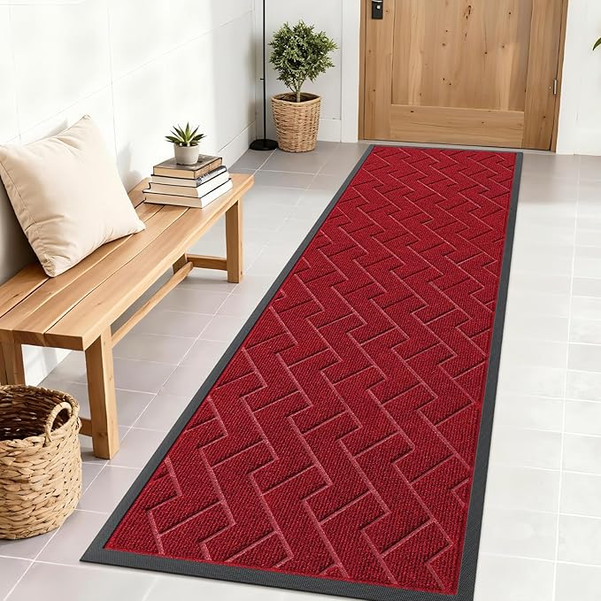 OLANLY Front Door Mat Indoor Outdoor Entrance, Waterproof All-Season, All-Weather Doormat, Sturdy Natural Rubber, Low Profile, Easy Clean Patio Porch Entryway Mat, Herringbone Brick (Wine Red, 71x23)