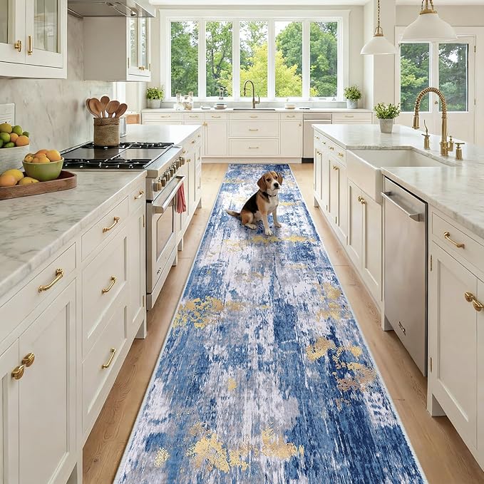 Washable Area Rugs 2'6'' x14 Non-Slip Modern Abstract Soft for Living Room Entryway Bedroom Nursery, Print Pattern, Grey Blue Gold/Golden