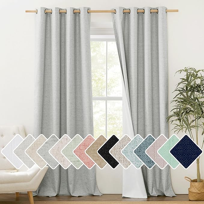 NICETOWN Grey Long Linen Full Shade Panels, 52" Wide x 95" Long, Pair of Thermal Insulated & Energy Efficiency Blackout Curtains for Living Room Windows, Lined Silky Performance Window Dressing