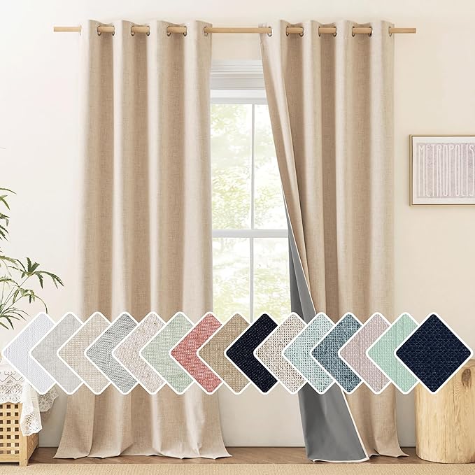 NICETOWN Cream Linen 100% Blackout Curtains 120 inches Length 2 Panels Set with Thermal Insulated Liners, 52" Width, Farmhouse Style Extra Long Window Draperies for Patio Sliding Glass Door