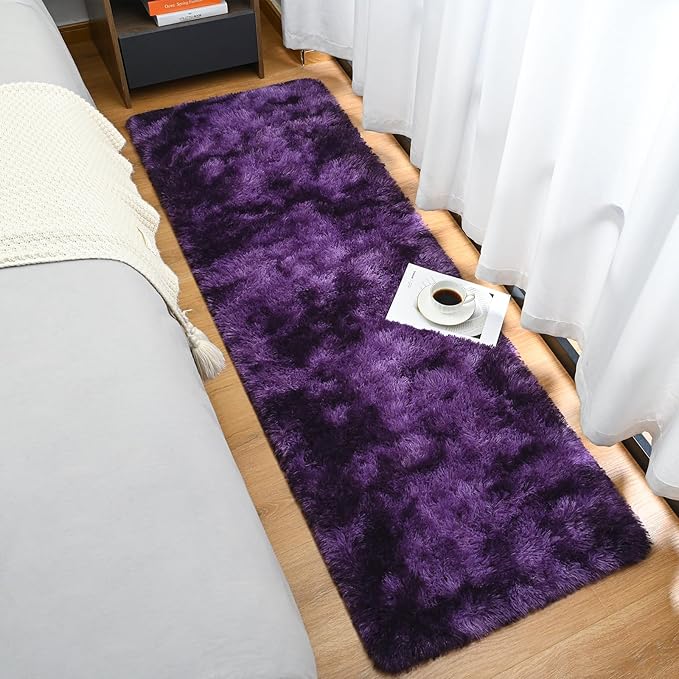 Goideal Fluffy Runner Rug for Bedroom Living Room, 2x6 Purple Bedside Rugs, Faux Fur Shag Modern Carpet Ultra Soft Girls Boys Room Home Decor, Tie-Dyed