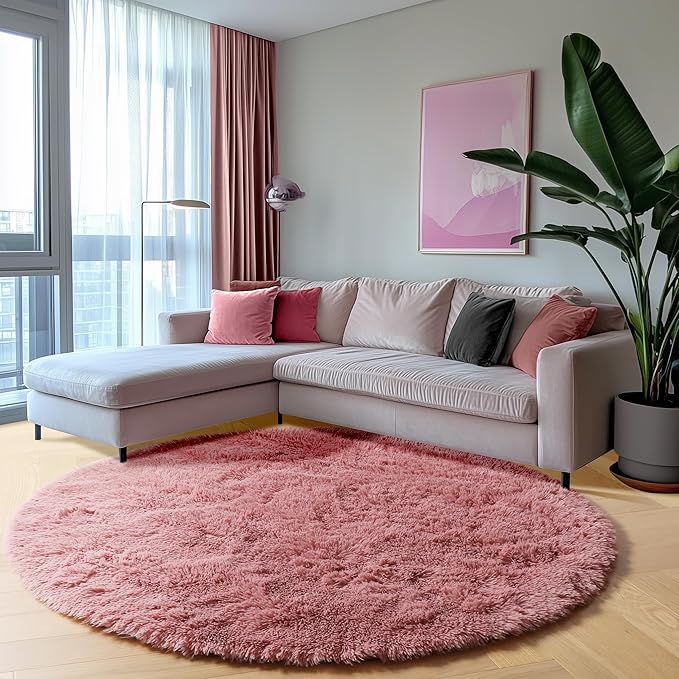 ONASAR Blush Round Area Rugs 5ft, Soft Bedroom Circle Rug Mats for Kids Girls Teen Room, Fluffy Plush Shaggy Carpet for Dorm Nursery Living Room Playroom Home Decor Princess Castle