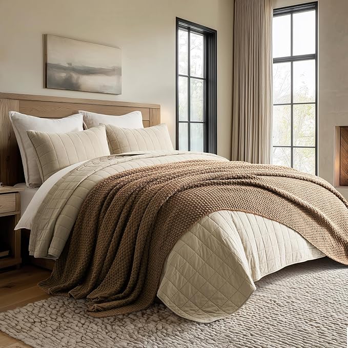 EVERGRACEHOME Chunky Chenille Knit Throw Blanket for Couch, Soft Luxurious Oversized King Moss Stitch Blanket for Bed, Large Cozy Farmhouse Knitted Throw for Sofa, Camel Brown, 92" x 108"