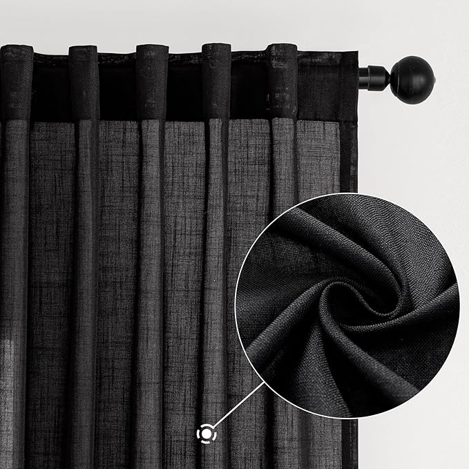 MIULEE Black Linen Curtains 84 Inch Length 2 Panels for Bedroom Living Room, Soft Thick Linen Textured Back Tab Window Drapes Semi Sheer Light Filtering Rod Pocket Modern Farmhouse Halloween Decor
